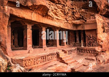 badami cave no one chalukya dynasty ancient stone art from flat angle image is taken at badami karnataka india. it is unesco heritage site and place o Stock Photo