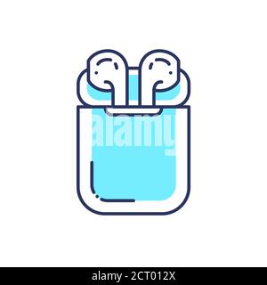 White wireless bluetooth earphones or headphones and white box for storage and charging simple line icon. Stock Vector