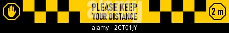 Please Keep Your Distance 6 ft or 6 Feet Checkered Social Distancing Floor Marking Tape Sticker Icon with an Aspect Ratio of 10:1. Vector Image. Stock Vector