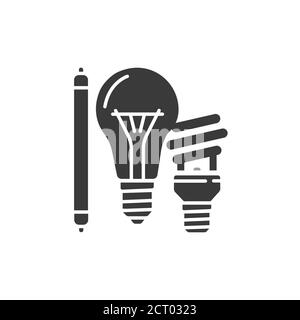 Light bulbs recyclable black glyph icon. Varieties of lamps. Waste recycling. Garbage sorting. Eco friendly. Sign for web page, app. UI UX GUI design Stock Vector
