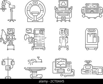 Medical devices line black icons set. MRI, anesthesia machine, syringe pump, dropper, defibrillator, Signs for web page, mobile app. Vector isolated Stock Vector