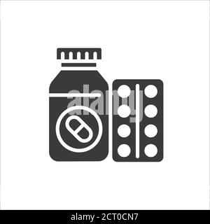 Pill bottle and blister black glyph icon. Pharmaceutical product. Health care symbol. Pictogram for web page, mobile app. UI UX GUI design element. Stock Vector