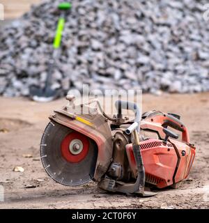 Circular chainsaw for diamond cutting. Prepared for cutting of the concrete floor Stock Photo