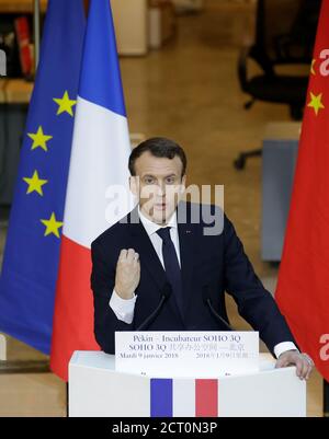 French President Emmanuel Macron delivers an economic speech to Chinese and French entrepreneurs at SOHO 3Q in Beijing, China January 9, 2018. REUTERS/Jason Lee