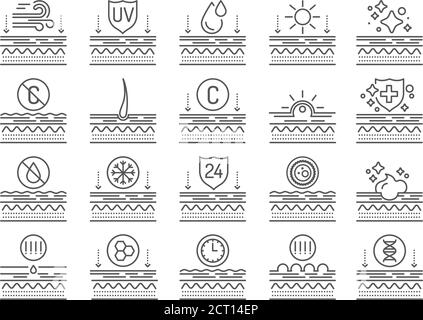 Exposure to skin external factors, aging, care, genetics line black icons set. Human skin layers. Signs for web page, mobile app, button, logo. Vector Stock Vector