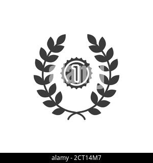 First place black glyph icon. Laurel wreath and number one. Championship prize. Sign for web page, mobile app, button, logo. Vector isolated element. Stock Vector