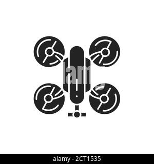 Drone automatic unmanned control black glyph icon. Flying robot. Aircraft device concept. Sign for web page, mobile app, banner, social media Stock Vector
