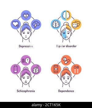 Psychological disorders line icons set on color background. Stock Vector