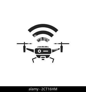 Drone quadrocopter with radio waves black glyph icon. Aircraft device concept. Unmanned control. Delivery service. Sign for web page, mobile app Stock Vector