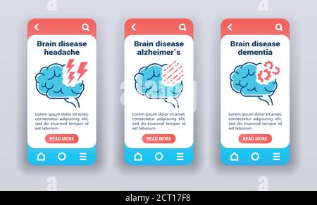 Brain disease on mobile app onboarding screens. Line icons, headache, alzheimer's, dementia. Stock Vector