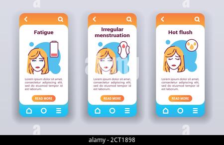 Menopausal symptoms on mobile app onboarding screens. Stock Vector