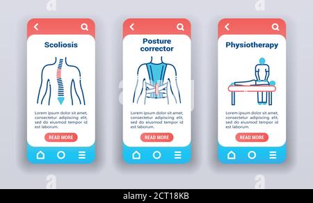 Treating back problems on mobile app onboarding screens. UI UX GUI template Stock Vector