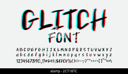 Digital Glitch Font. Handwritten alphabet letters and numbers with blue and red stereo color effect. Abstract font for art, music, cinema design. Stock Vector