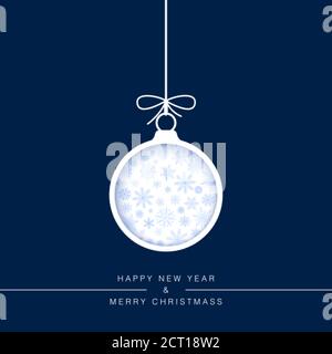 New Year greeting card template. Cut paper Christmas ball in blue background with snowflakes. Holiday decoration element. Vector Stock Vector