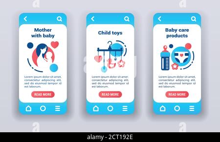 Maternity and childhood on mobile app onboarding screens. Stock Vector