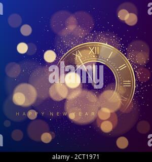 Golden Clock Dial with Roman Numbers on Magic Christmas Glitter Background with Bokeh. New Year Countdown and chimes. Five minutes before twelve. Vect Stock Vector