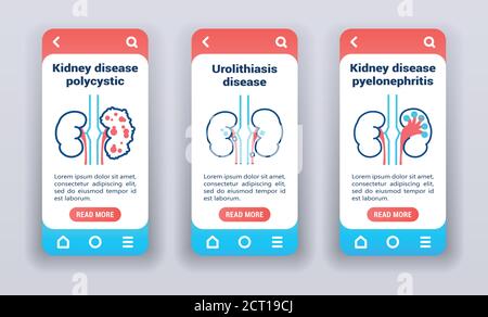 Kidney disease on mobile app onboarding screens. Line icons, polycystic, urolithiasis disease, pyelonephritis. Stock Vector