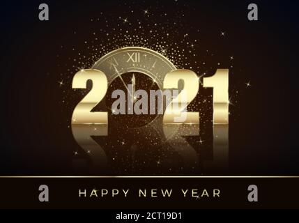 Golden Clock instead of zero in 2021. Happy New Year Greeting Card. Holiday midnight countdown. Christmas Decoration Element for Banner or Invitation.