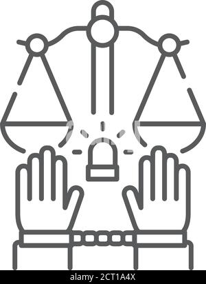 Criminal court line color icon. Convicted man in handcuffs concept. Law justice. Sign for web page, mobile app Stock Vector