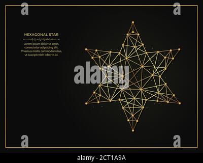 Hexagonal star golden abstract illustration on dark background. Geometric shape polygonal template made from lines and dots. Stock Vector