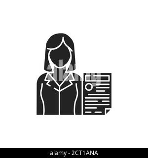 Prosecutor with document glyph black icon. Courthouse concept. Law and justice profession. Sign for web page, mobile app, button, logo. isolated Stock Vector