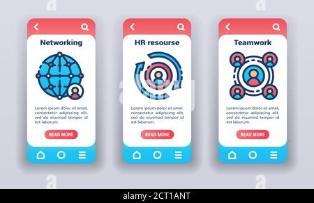 Human resource on mobile app onboarding screens. Flat icons, networking, hr, teamwork. Banners for website and mobile kit development. Stock Vector