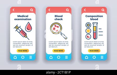 Test blood on mobile app onboarding screens. Line icons, medical exam, check up, composition blood on vector isolated. Stock Vector