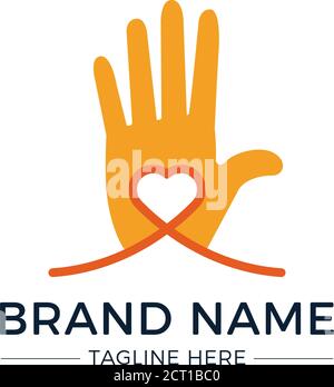 Hand palm and heart symbol playful logo on white background Stock Vector