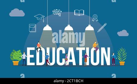 education concept with people and big text word and related icon flat Stock Vector