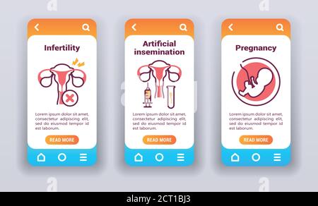 Female reproductive system on mobile app onboarding screens. Stock Vector