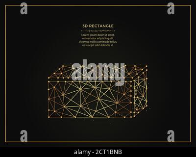 3d rectangle golden abstract illustration on dark background. Geometric shape polygonal template made from lines and dots. Stock Vector