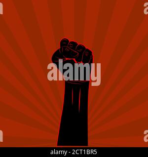 Black hand with fist raised up on red background protest or revolution poster. Vector Stock Vector