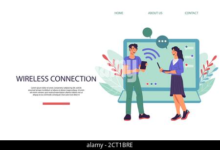 Remote connection wireless technology with people flat vector illustration. Stock Vector