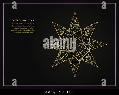 Octagonal star golden abstract illustration on dark background. Geometric shape polygonal template made from lines and dots. Stock Vector