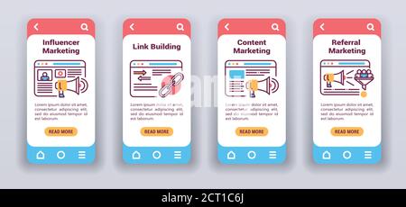 Marketing channels on mobile app onboarding screens. Flat icons, influencer, link building, content, referral marketing. Stock Vector