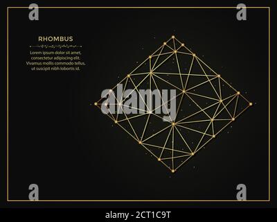 Rhombus golden abstract illustration on dark background. Geometric shape polygonal template made from lines and dots. Stock Vector