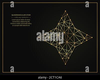 Quadrangular star golden abstract illustration on dark background. Geometric shape polygonal template made from lines and dots. Stock Vector