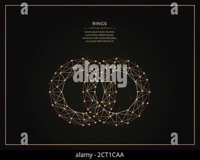 Connected rings golden abstract illustration on dark background. Geometric shape polygonal template made from lines and dots. Stock Vector