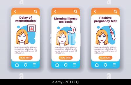 Early pregnancy symptoms on mobile app onboarding screens. Stock Vector