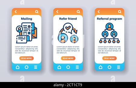 Promotion strategy on mobile app onboarding screens. Flat icons, mailing, refer friend, referral program. Stock Vector