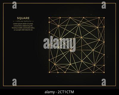 Square golden abstract illustration on dark background. Geometric shape polygonal template made from lines and dots. Stock Vector