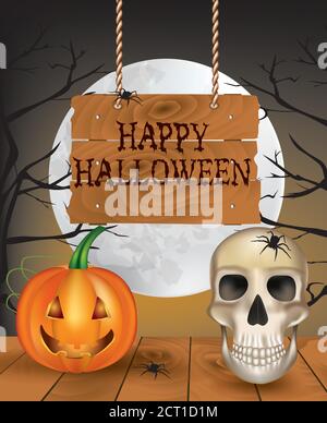 Halloween scene with pumpkin and skull on the table, vector Stock Vector