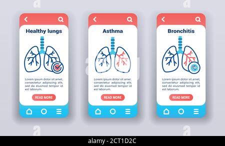 Lung disease on mobile app onboarding screens. Stock Vector