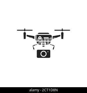 Drone with camera automatic unmanned control black glyph icon. Aircraft device concept. Video surveillance from a quadcopter, shots from a height Stock Vector