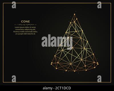 Cone golden abstract illustration on dark background. Geometric shape polygonal template made from lines and dots. Stock Vector
