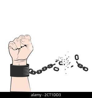 Hand clenched into fist with tearing chain or fetter. Symbol of revolution and freedom. Freedom concept. Vector Stock Vector