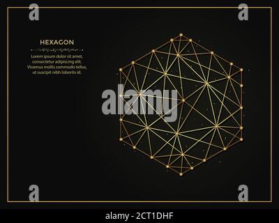 Hexagon golden abstract illustration on dark background. Geometric shape polygonal template made from lines and dots. Stock Vector