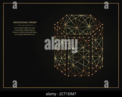 Hexagonal prism golden abstract illustration on dark background. Geometric shape polygonal template made from lines and dots. Stock Vector