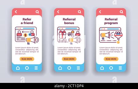 Digital marketing on mobile app onboarding screens. Flat icons, refer friend, referral program, bonus. Stock Vector