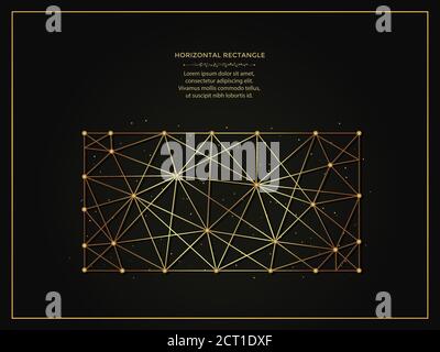 Horizontal rectangle golden abstract illustration on dark background. Geometric shape polygonal template made from lines and dots. Stock Vector